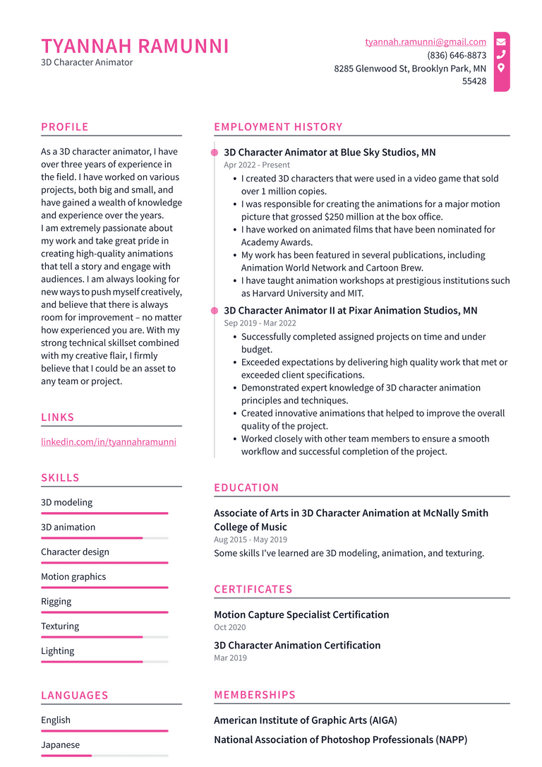 3D Animator Resume Example and Writing Guide - ResumeLawyer