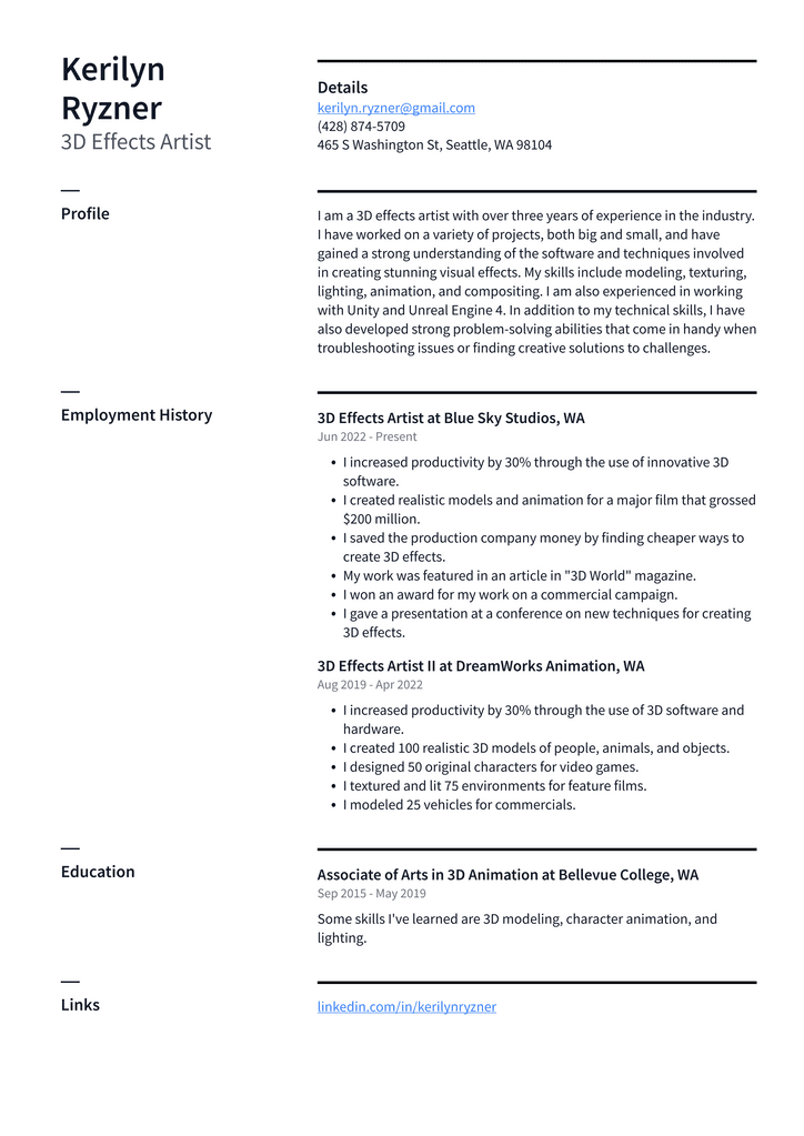 3D Effects Artist Resume Example