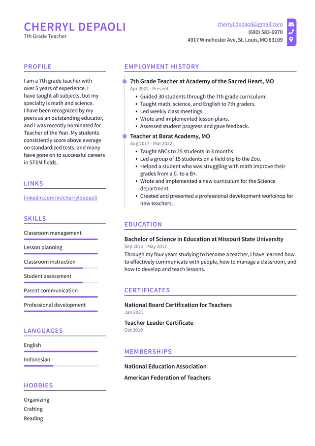 Elementary School Teacher Resume Example And Writing Guide