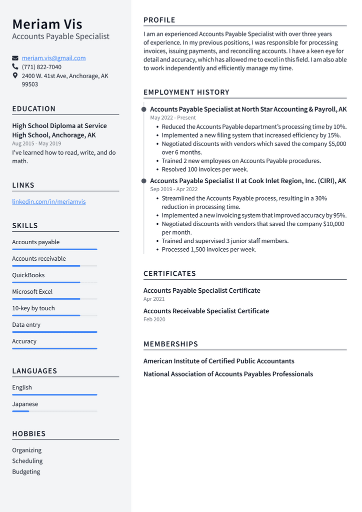 Accounts Payable Specialist Resume Example