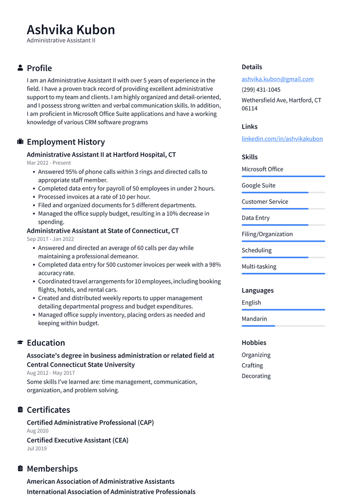 Administrative Assistant II Resume Example