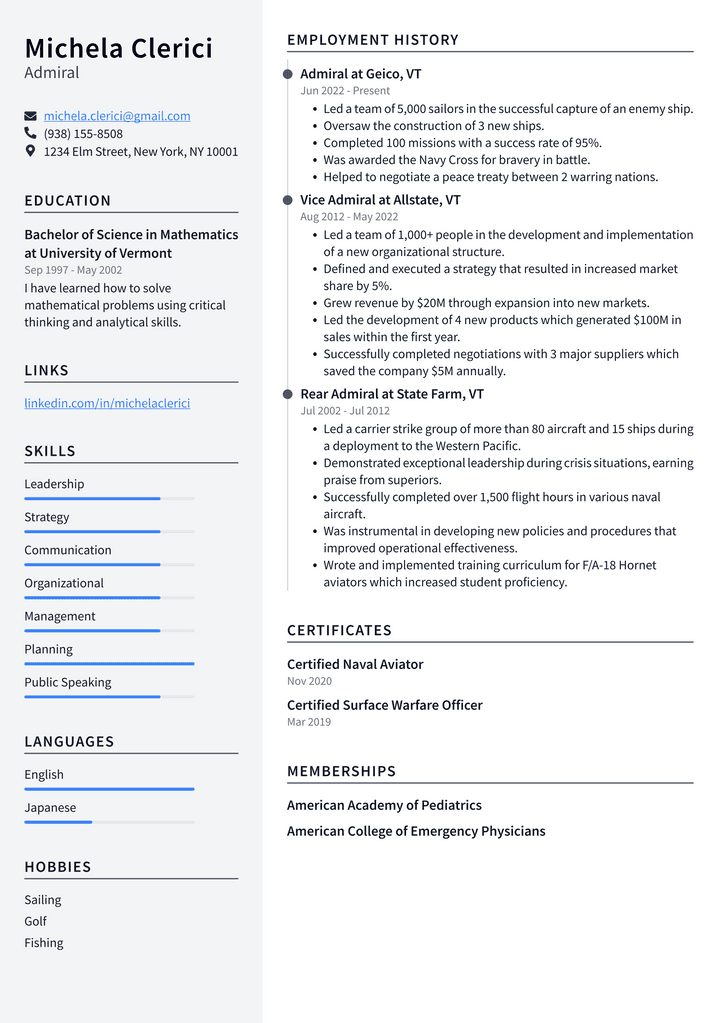 Admiral Resume Example
