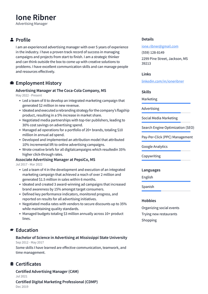 Advertising Manager Resume Example