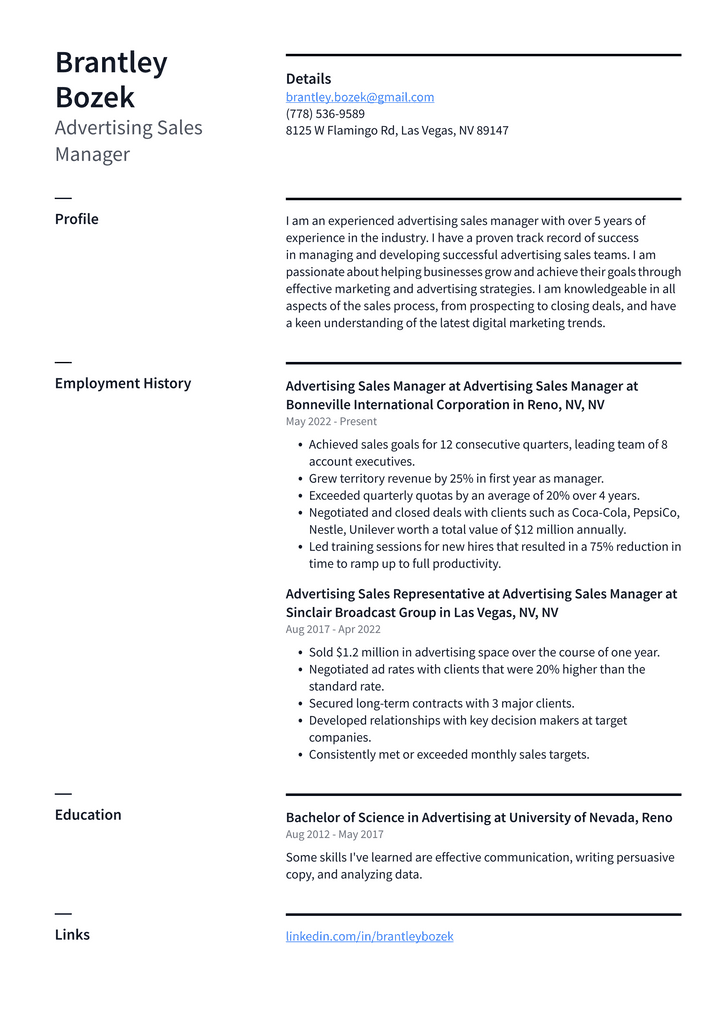 Advertising Sales Manager Resume Example