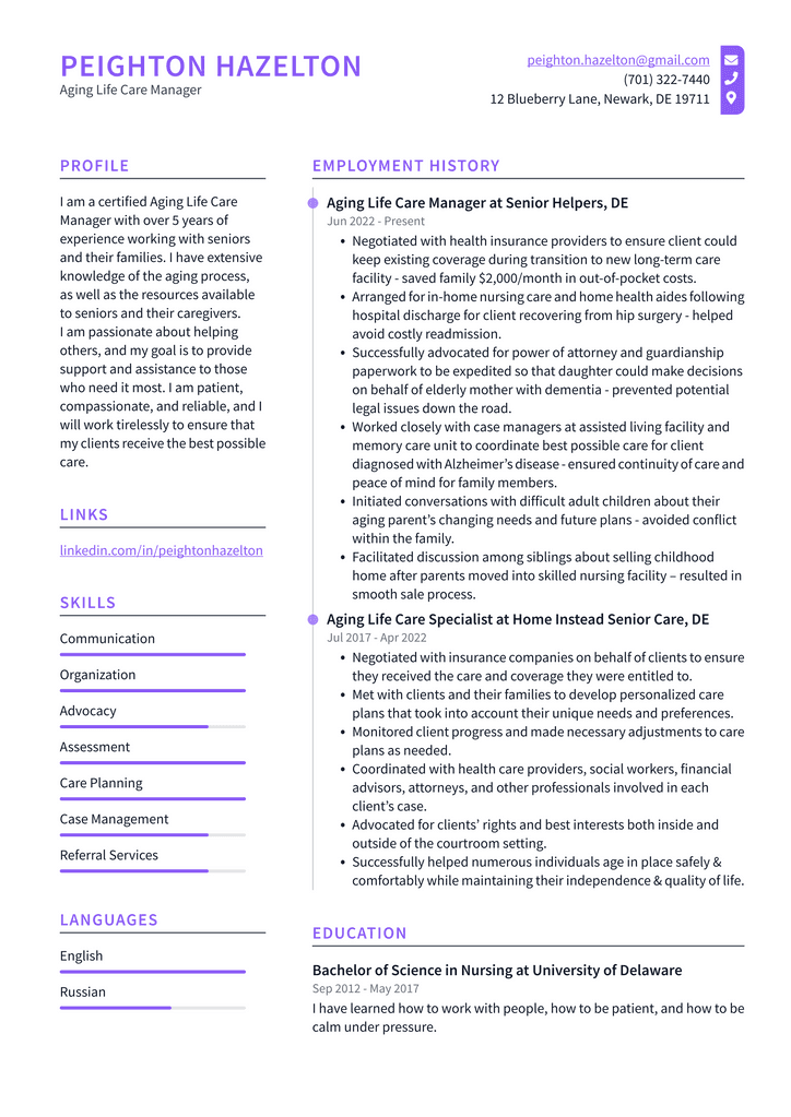 Aging Life Care Manager Resume Example