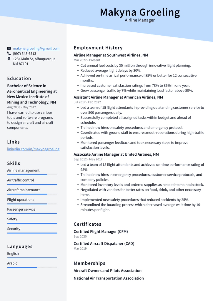 Airline Manager Resume Example