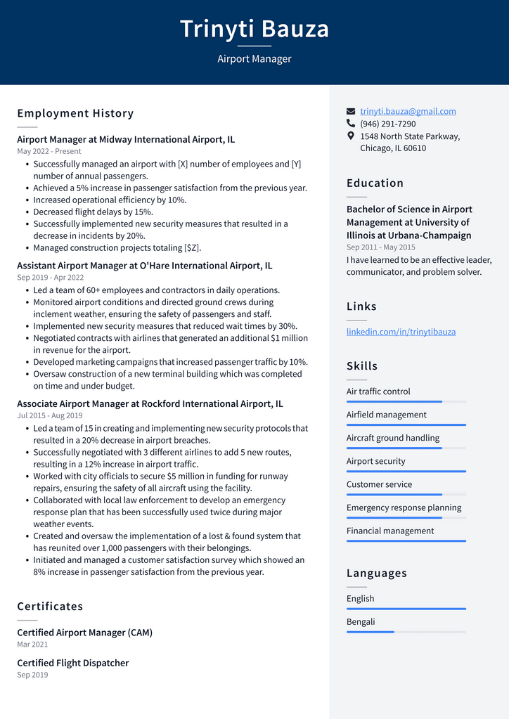 Airport Manager Resume Example