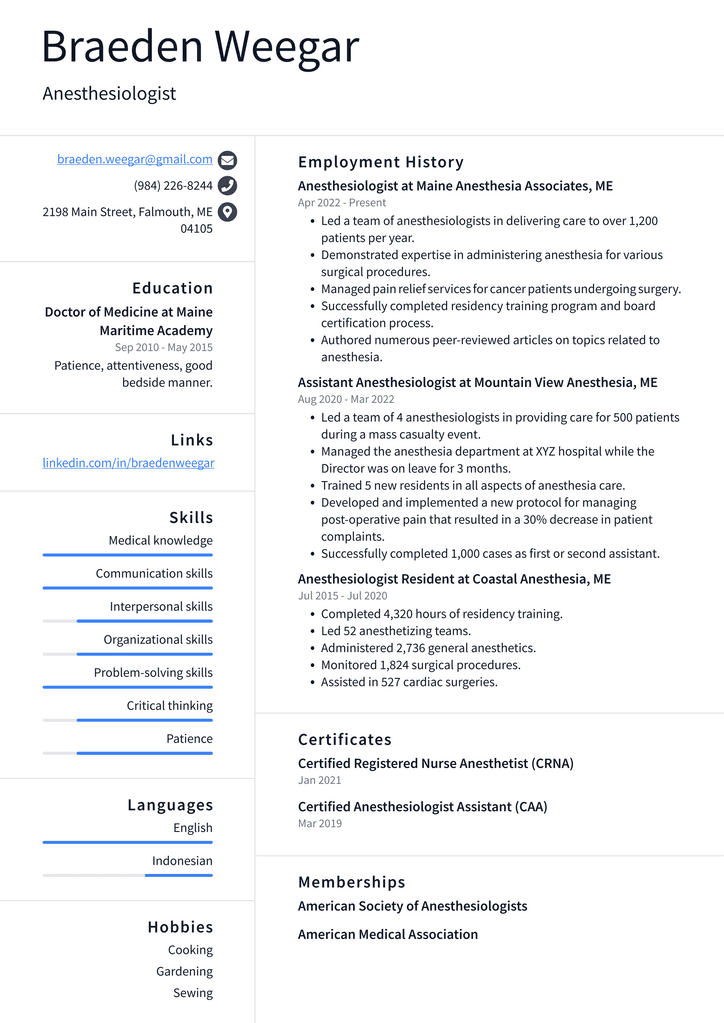 Anesthesiologist Resume Example