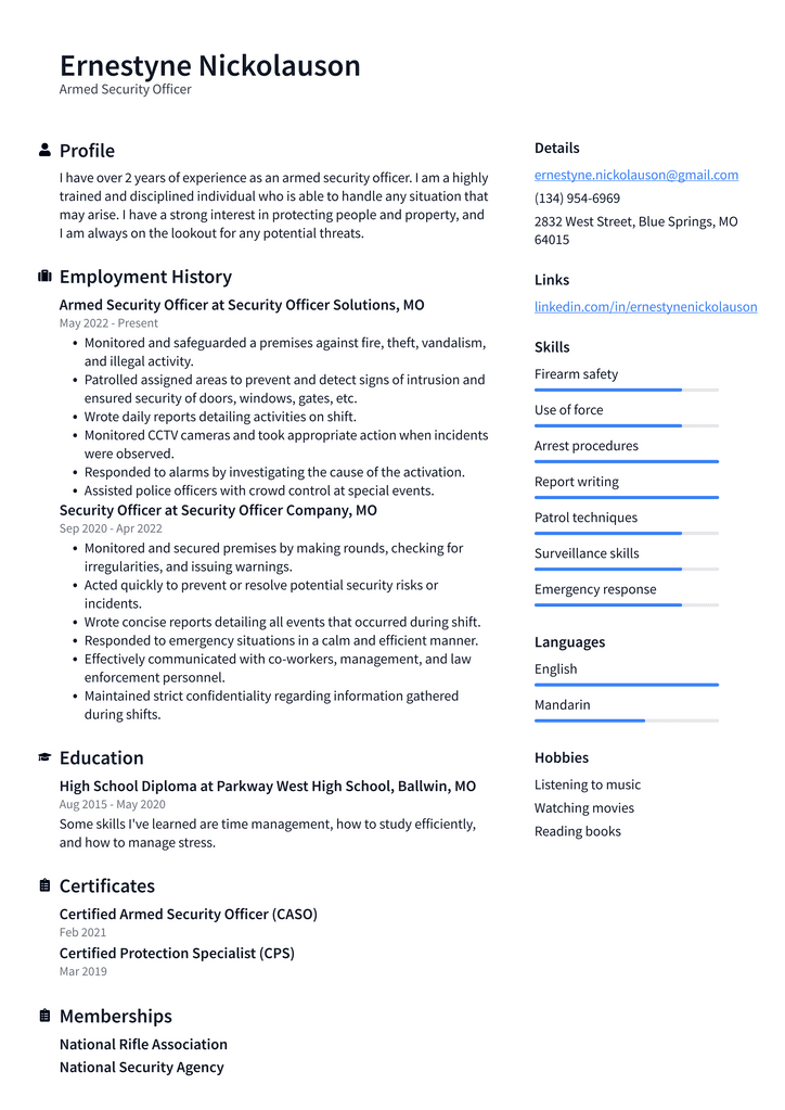 Armed Security Officer Resume Example