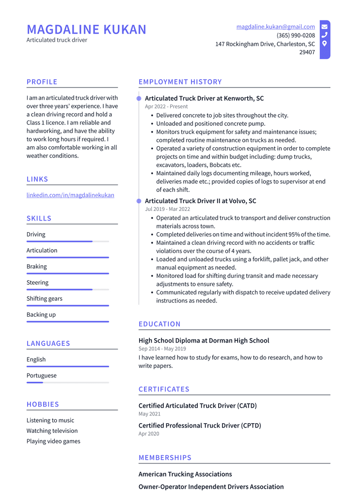 Articulated truck driver Resume Example