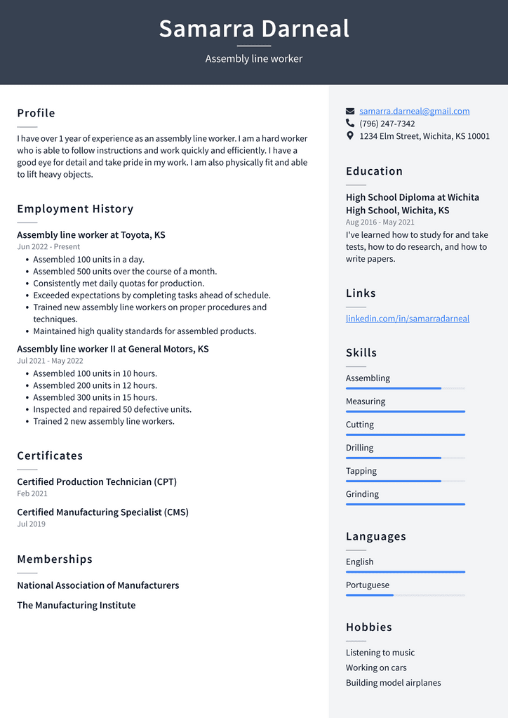 Assembly line worker Resume Example