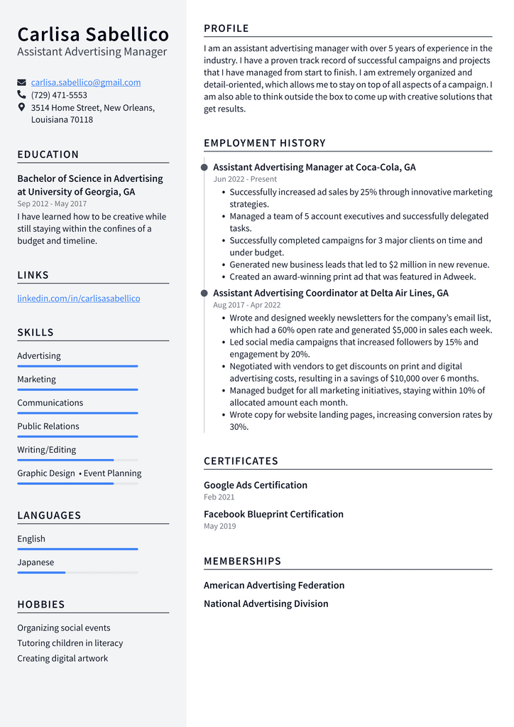 Assistant Advertising Manager Resume Example