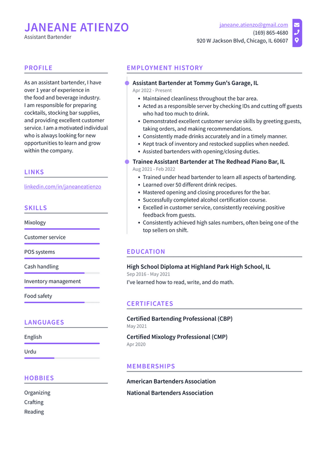 Bartender Resume Example and Writing Guide - ResumeLawyer