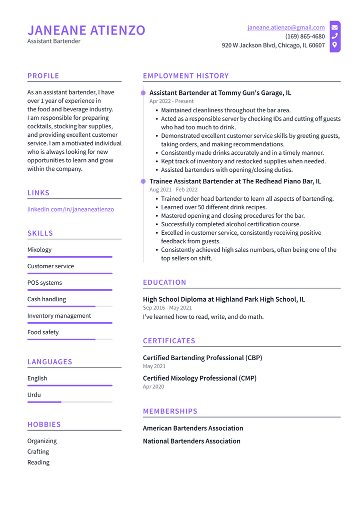 Assistant Bartender Resume Example