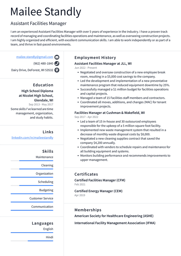Assistant Facilities Manager Resume Example