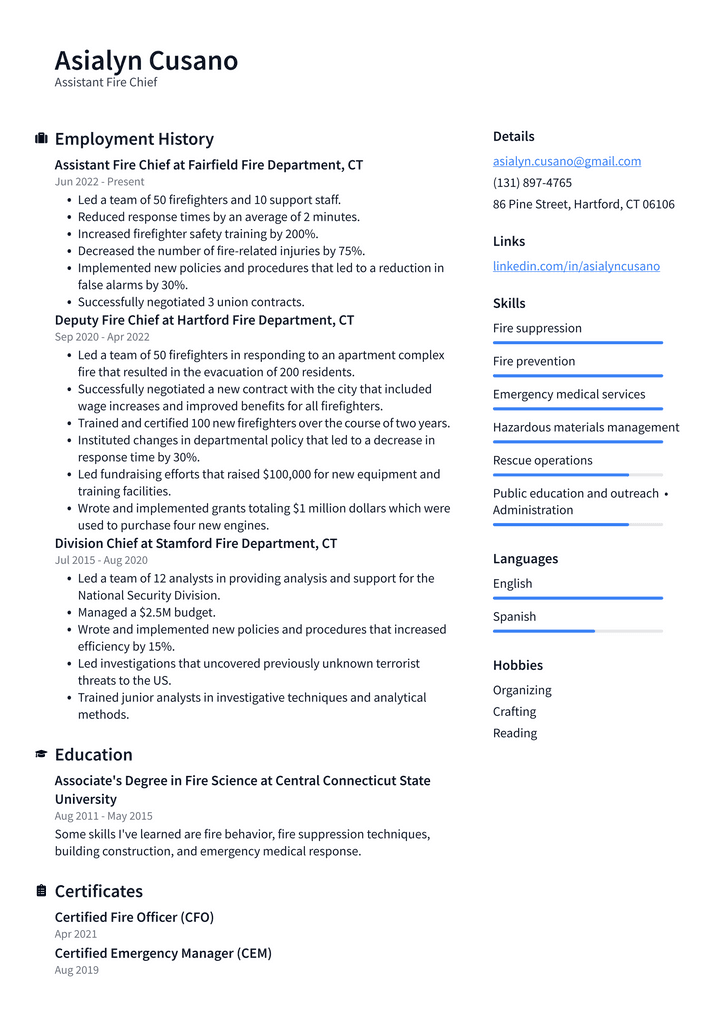 Assistant Fire Chief Resume Example