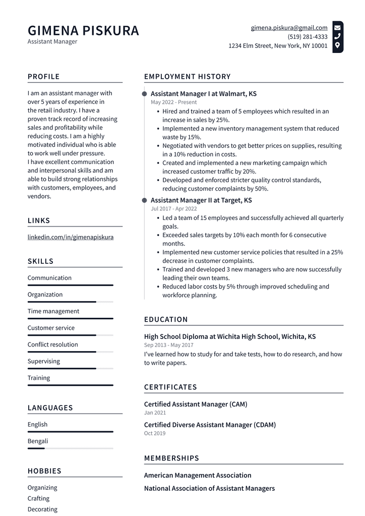 Assistant Manager Resume Example