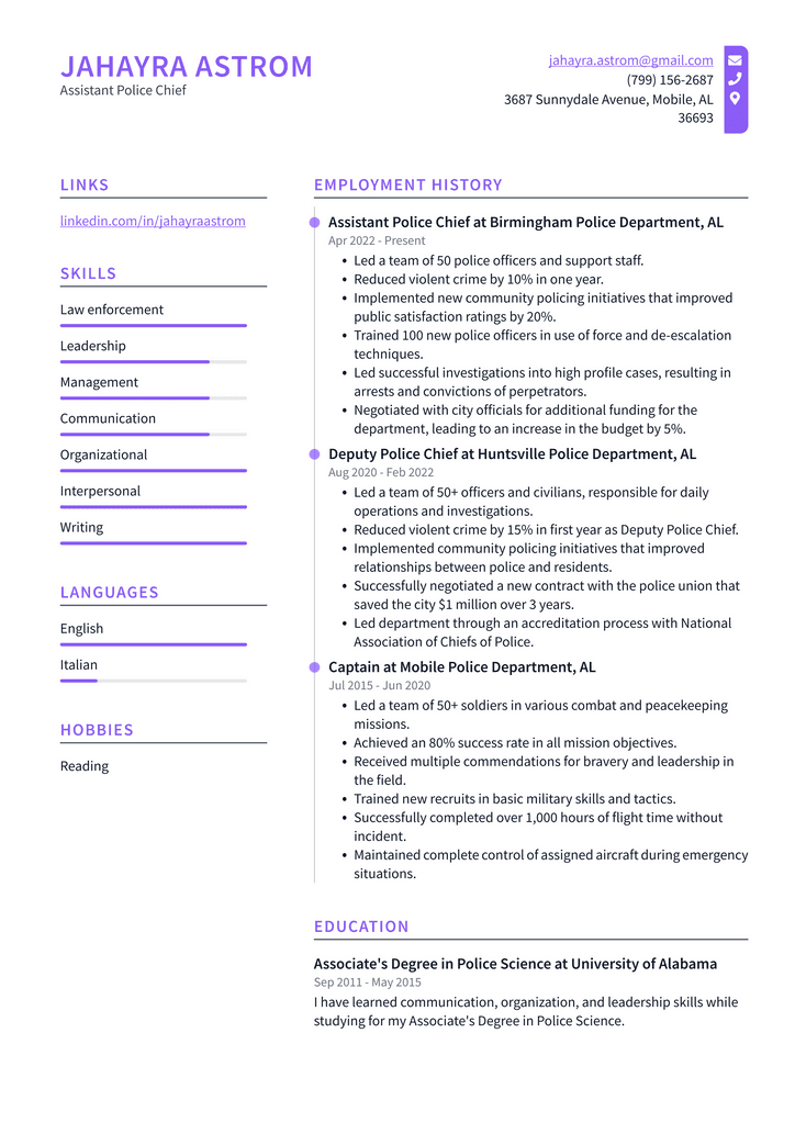 Assistant Police Chief Resume Example
