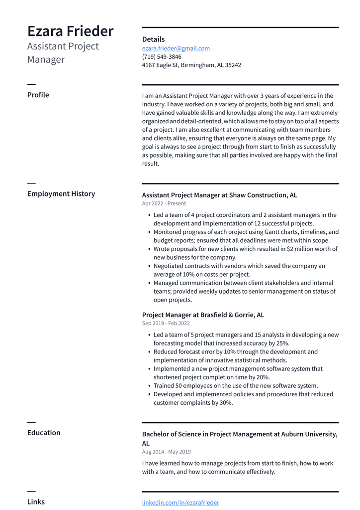 Assistant Project Manager Resume Example