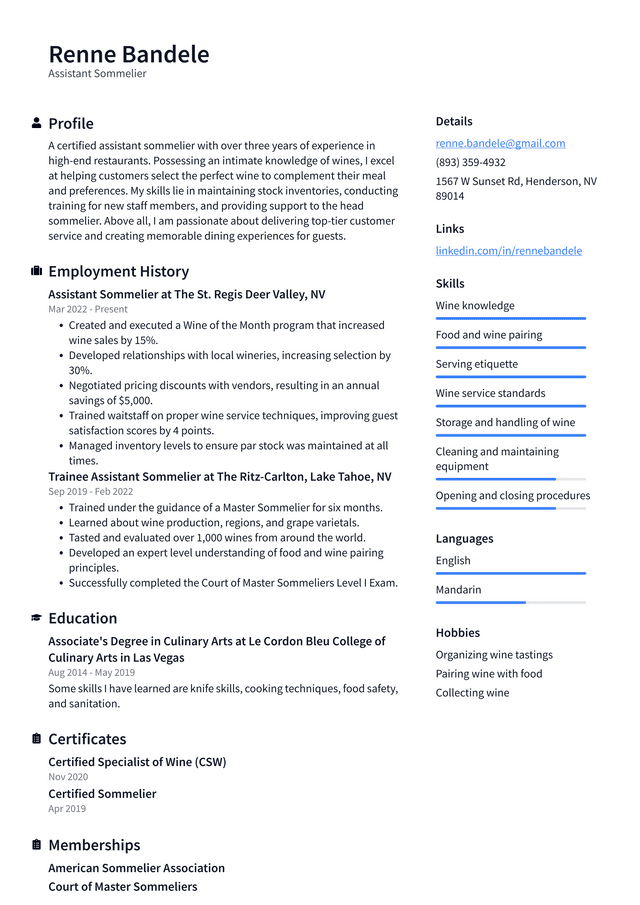 Sommelier Resume Example and Writing Guide - ResumeLawyer