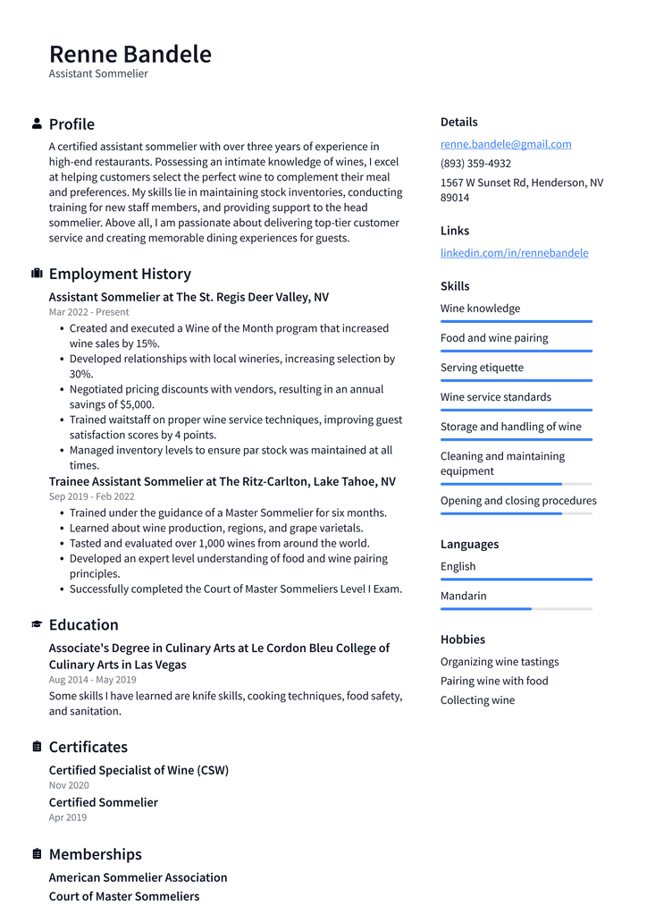 Assistant Sommelier Resume Example