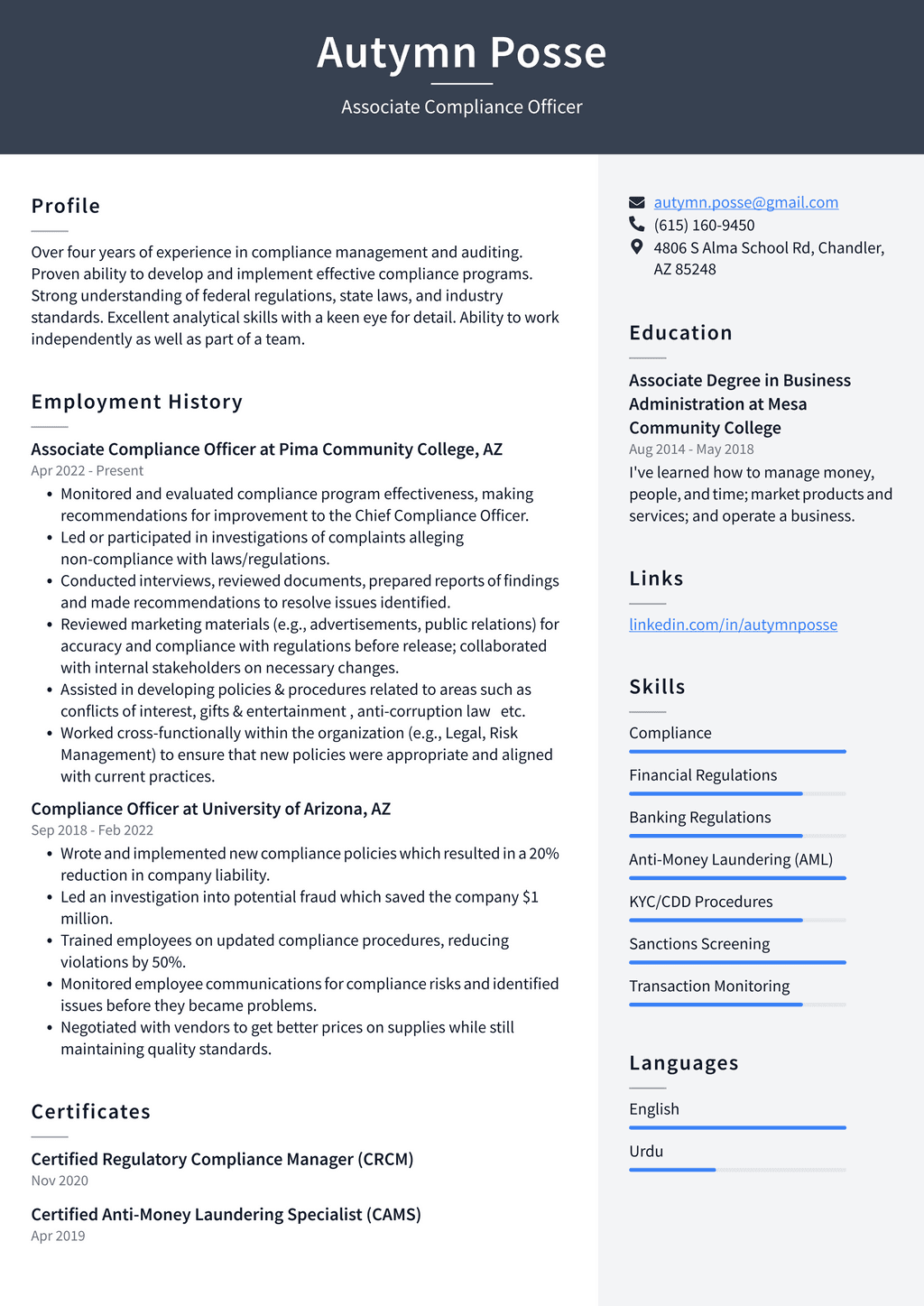 Compliance Officer Resume Example and Writing Guide - ResumeLawyer