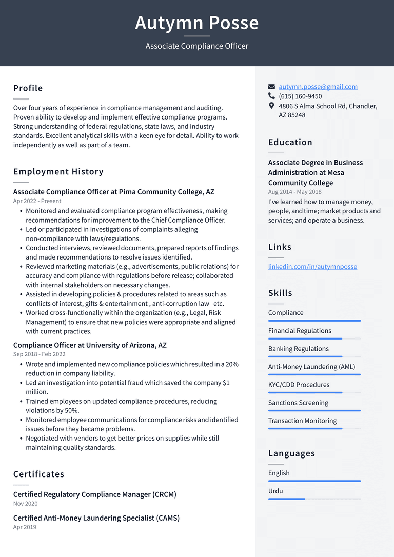 Compliance Officer Resume Example and Writing Guide ResumeLawyer
