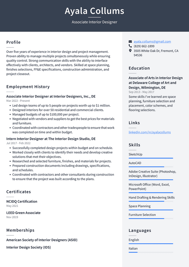 Interior Designer Resume Example and Writing Guide - ResumeLawyer