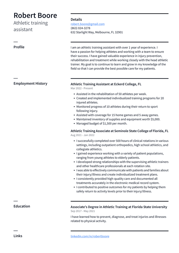 Athletic training assistant Resume Example