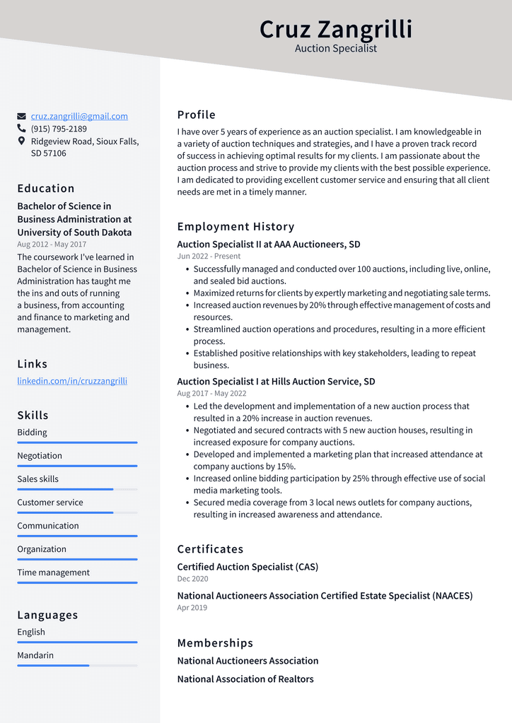 Auction Specialist Resume Example