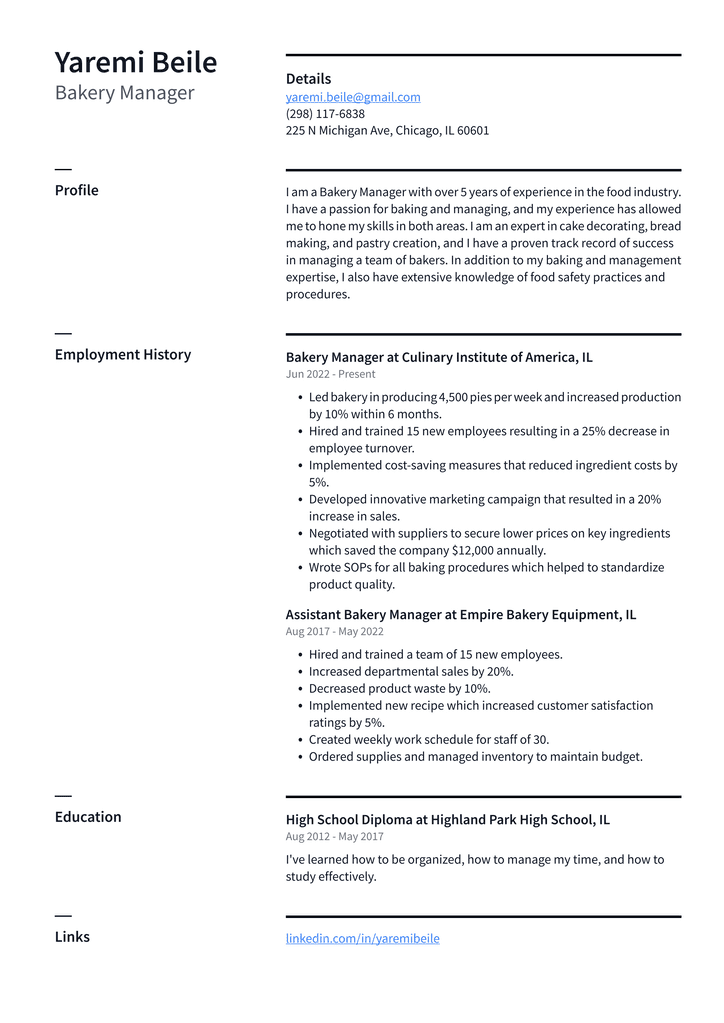 Bakery Manager Resume Example