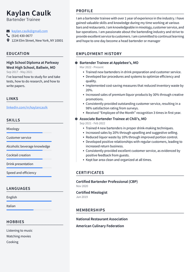 Bartender Resume Example and Writing Guide - ResumeLawyer