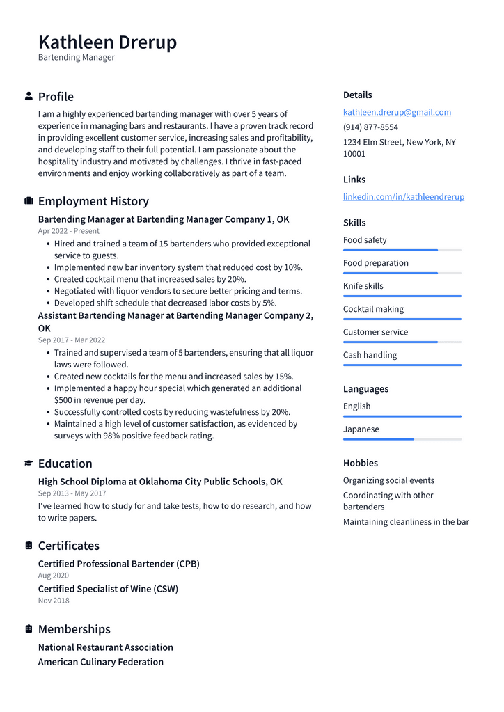 Bartending Manager Resume Example