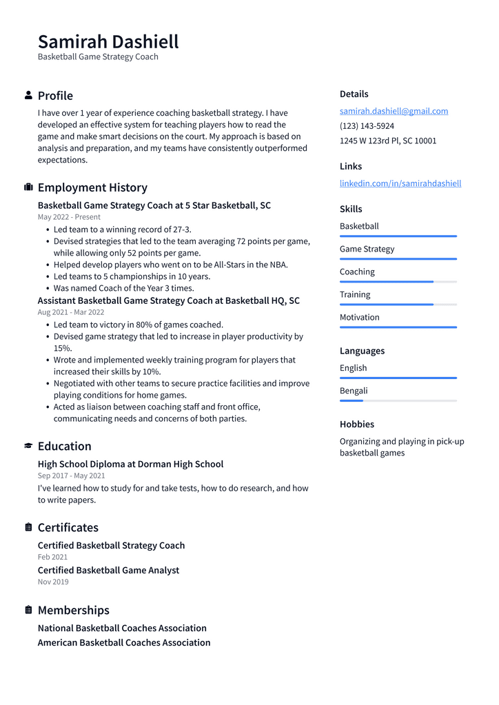 Basketball Game Strategy Coach Resume Example