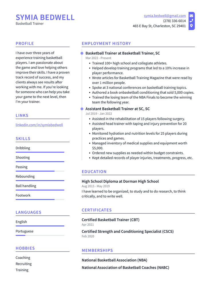 Basketball Trainer Resume Example