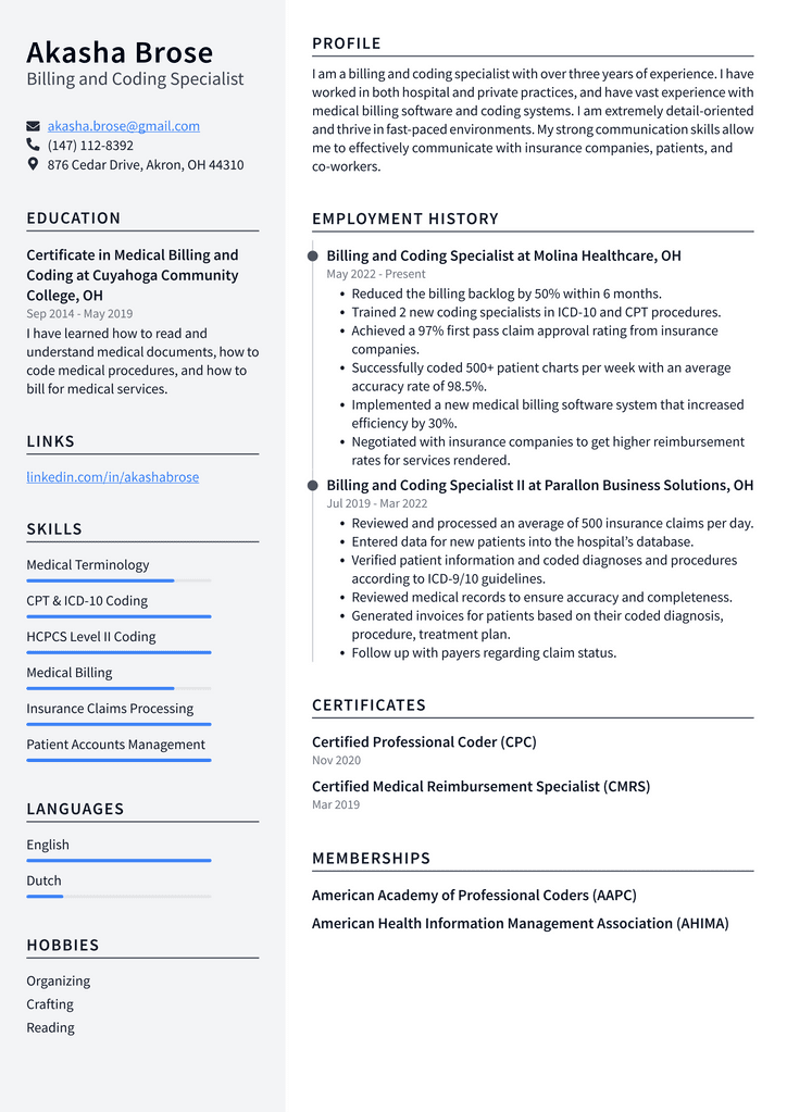 Billing and Coding Specialist Resume Example