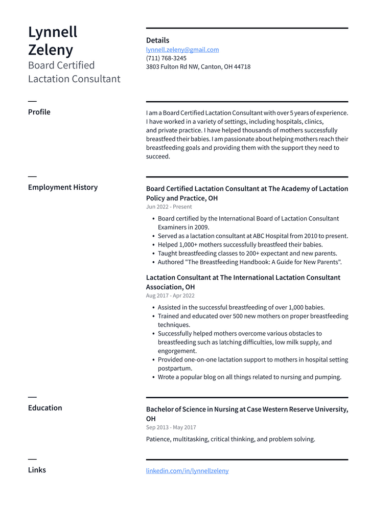 Board Certified Lactation Consultant Resume Example