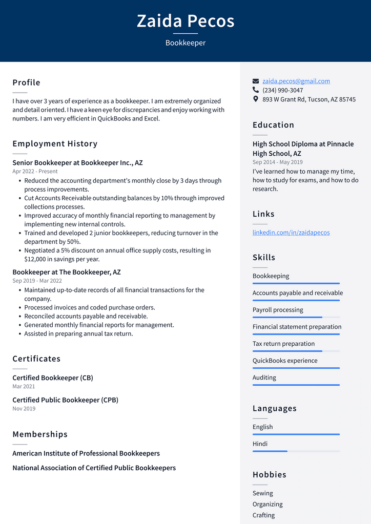 Bookkeeper Resume Example