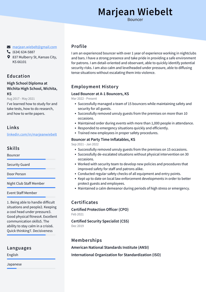 Bouncer Resume Example