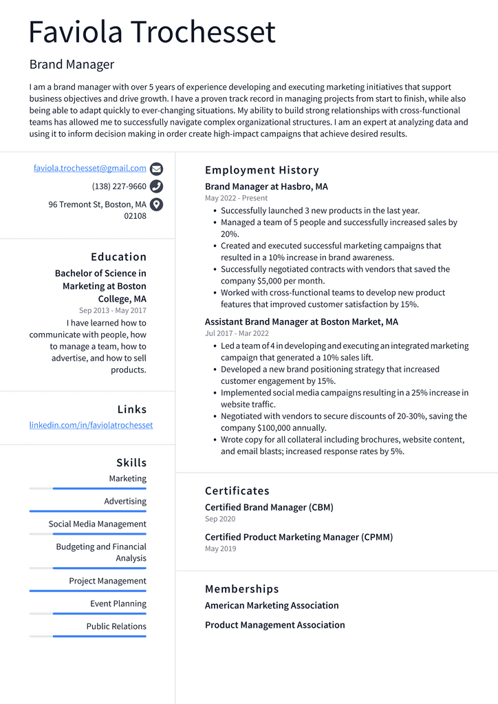 Brand Manager Resume Example