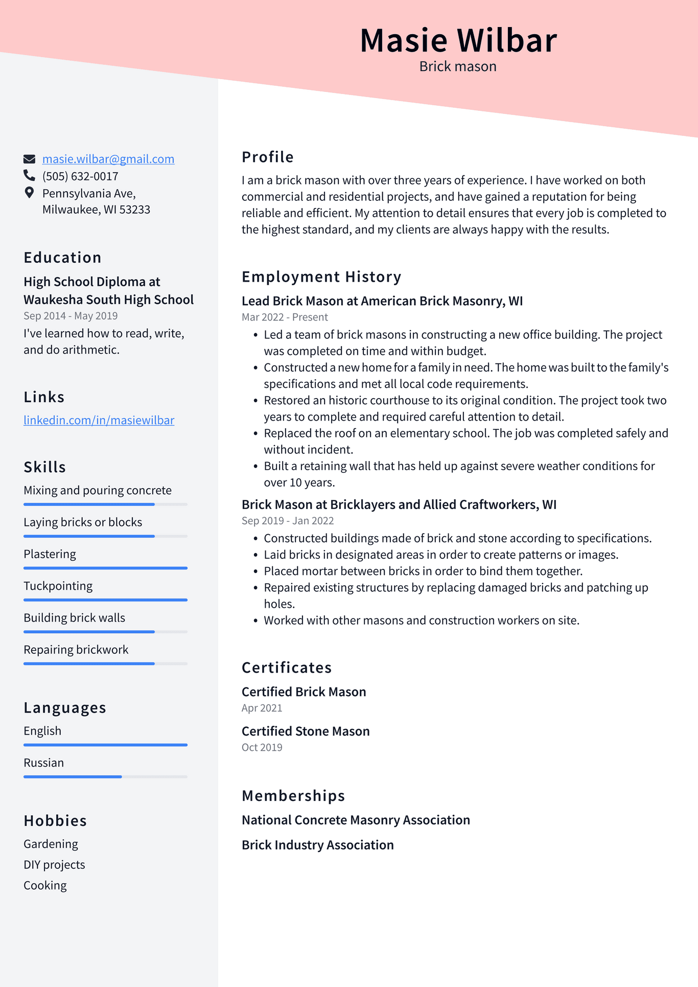 Cement Mason Resume Example and Writing Guide - ResumeLawyer