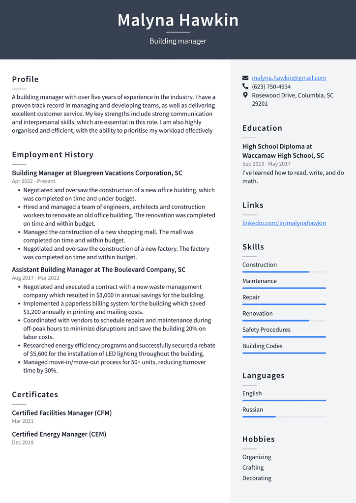 Building manager Resume Example