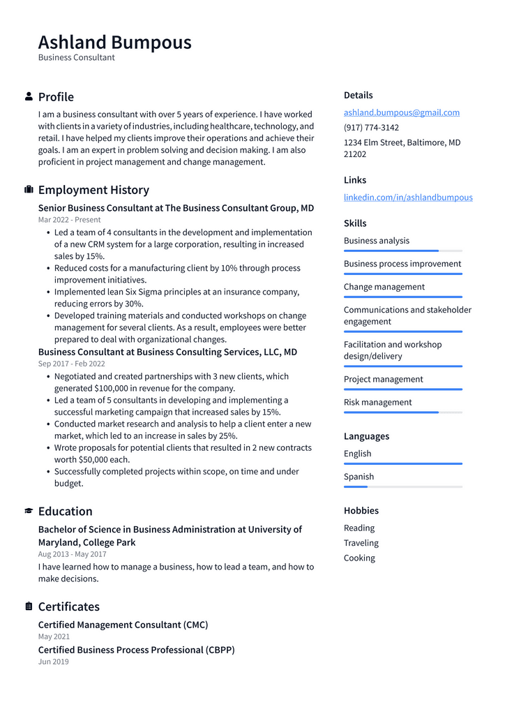 Business Consultant Resume Example
