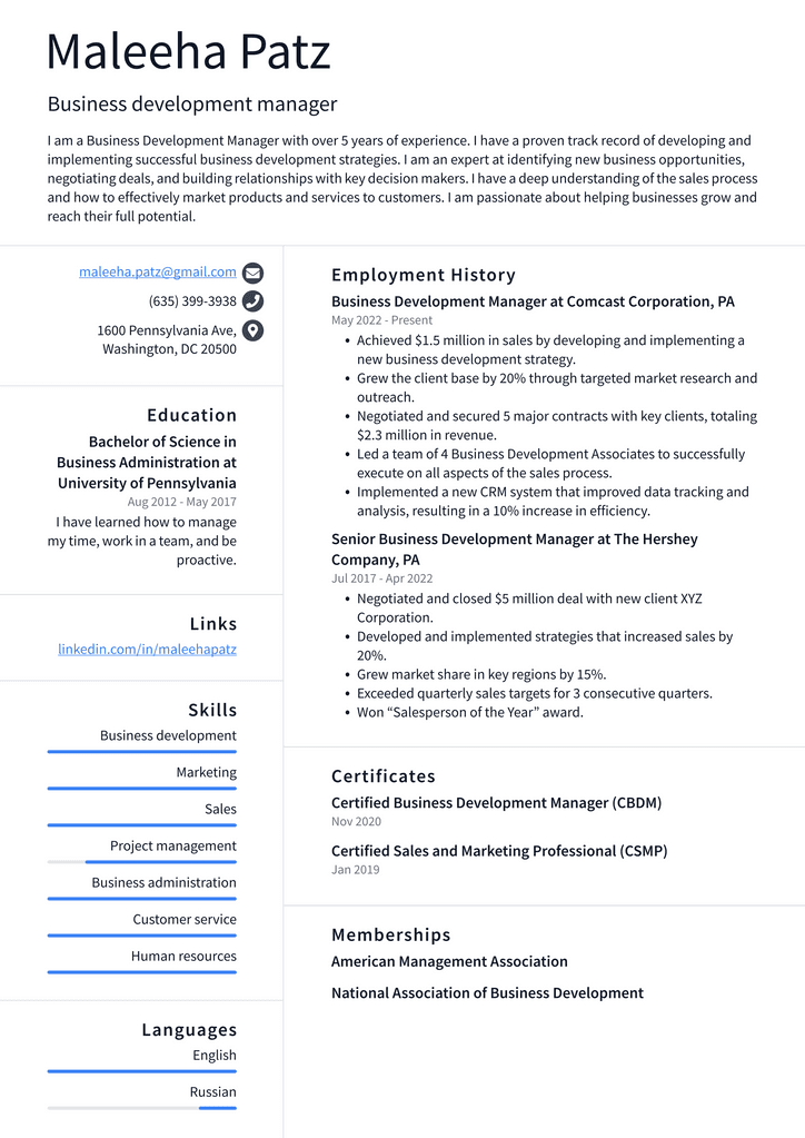 Business development manager Resume Example