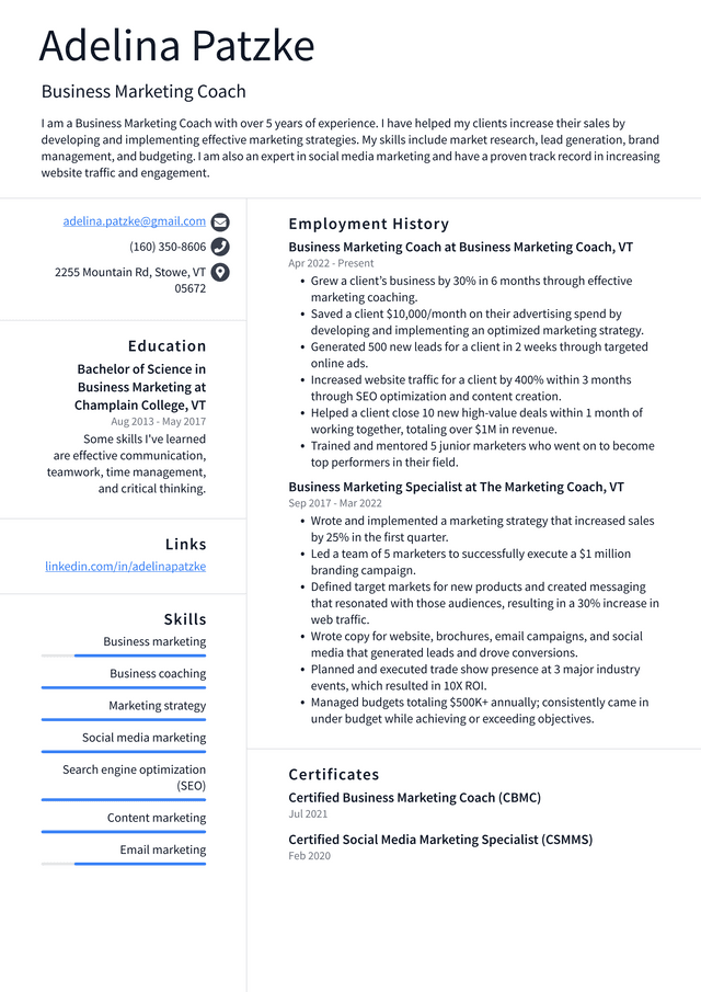 Business Marketing Manager Resume Example and Writing Guide