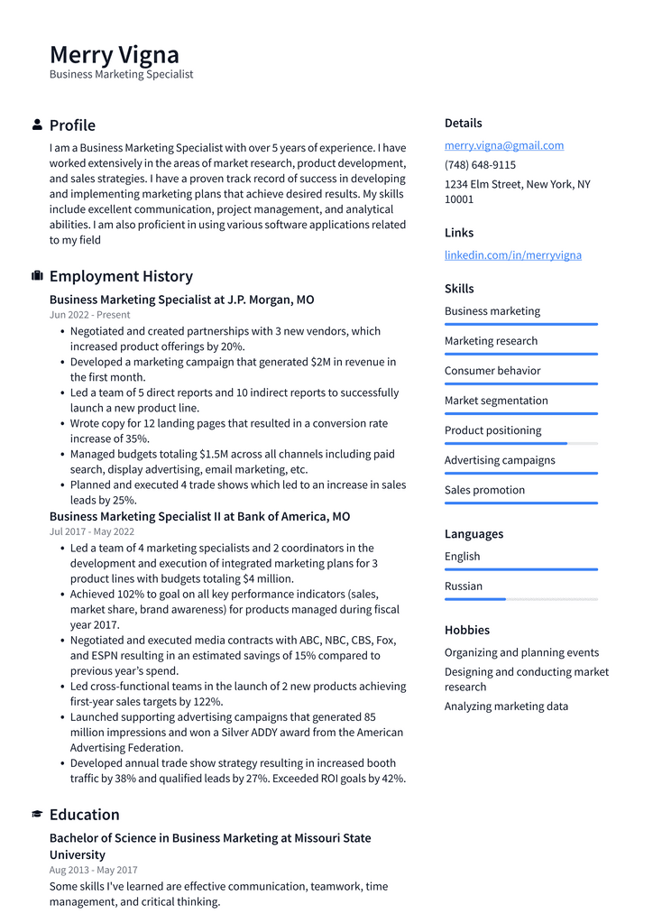 Business Marketing Specialist Resume Example