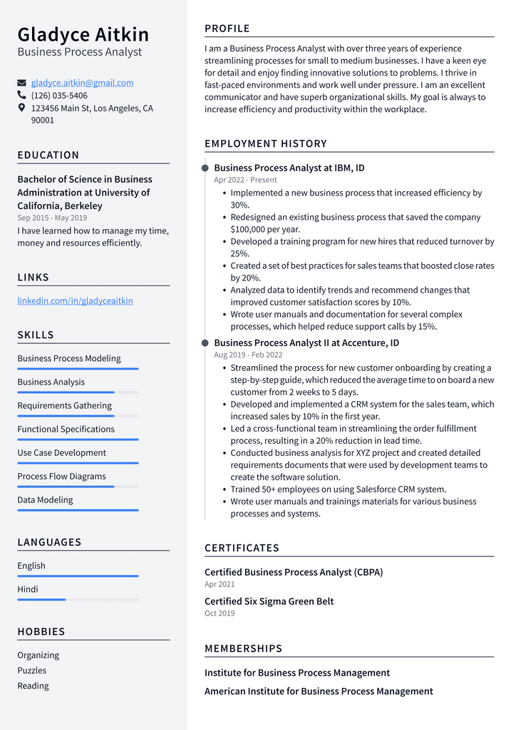 Business Process Analyst Resume Example