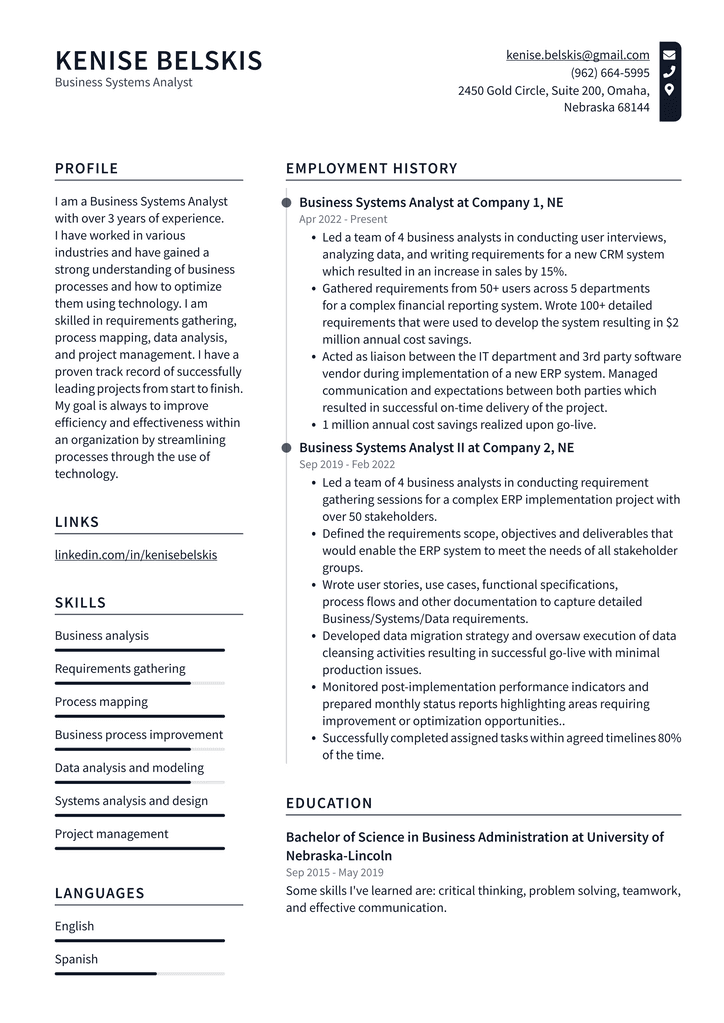 Business Systems Analyst Resume Example
