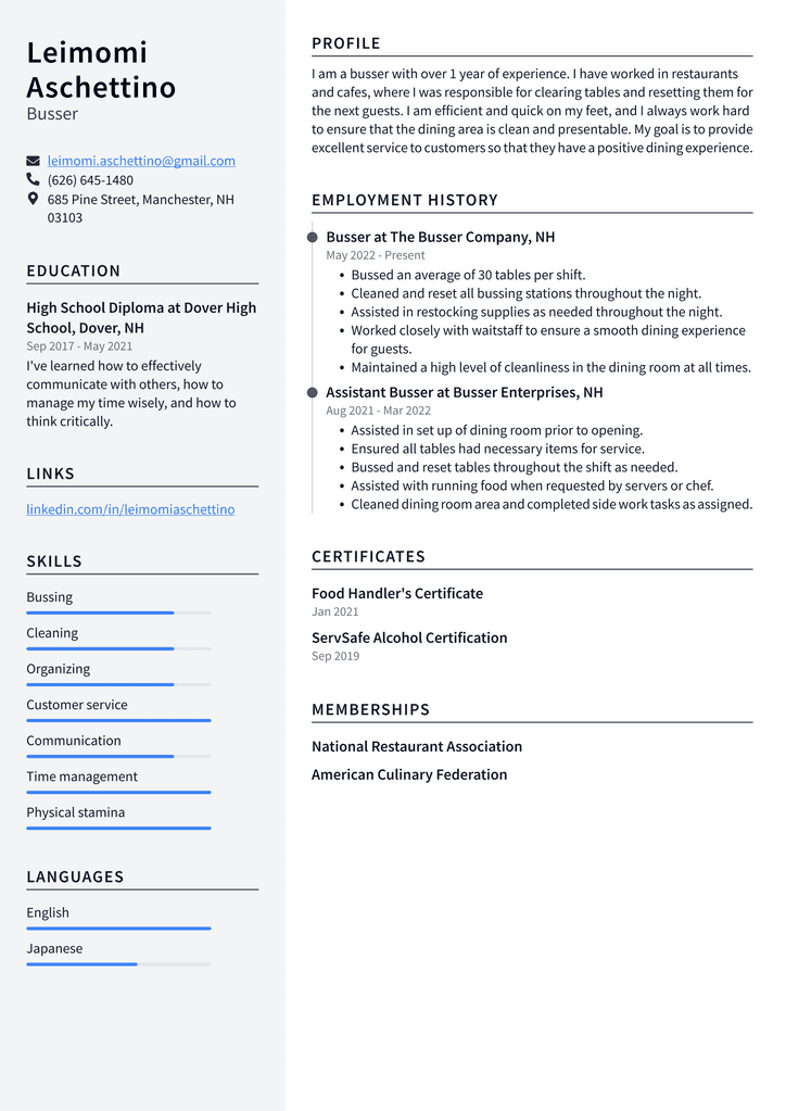 Busser Resume Example