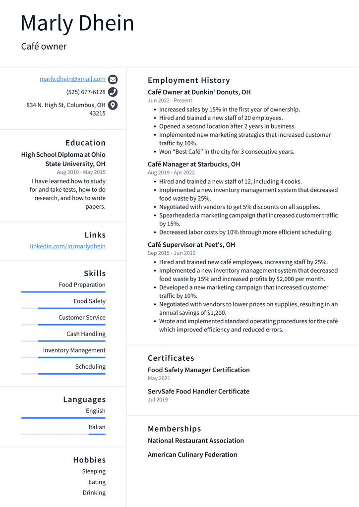 Café owner Resume Example